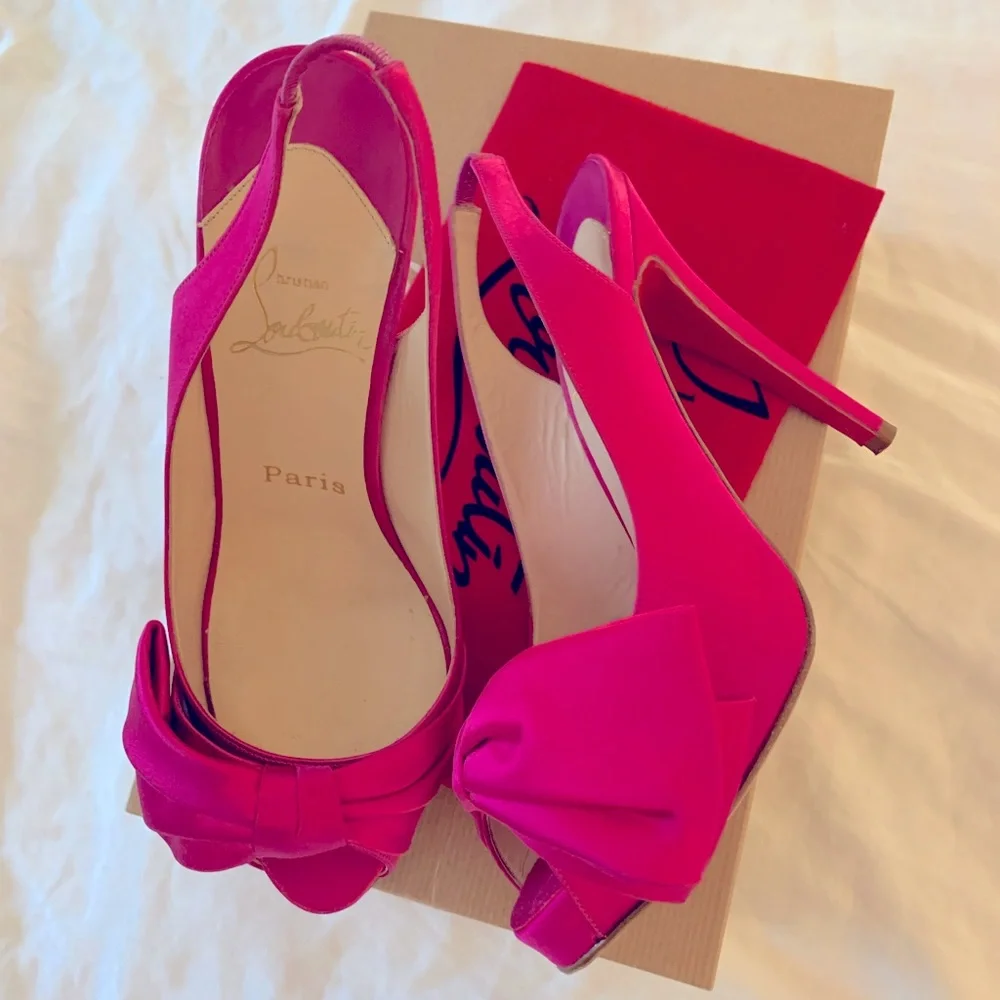 Auth Christian Louboutin 37 Very Noed 120 Fuxia Satin Slingback Women’s Heel - Picture 1 of 13